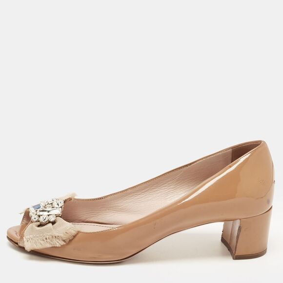 Miu Miu Brown Patent Leather Crystal Embellished Peep Toe Block Heel Pumps Size